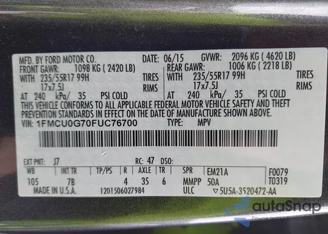 2015 Ford Escape Se z USA, uszkodzony, nr VIN 1FMCU0G70FUC76700